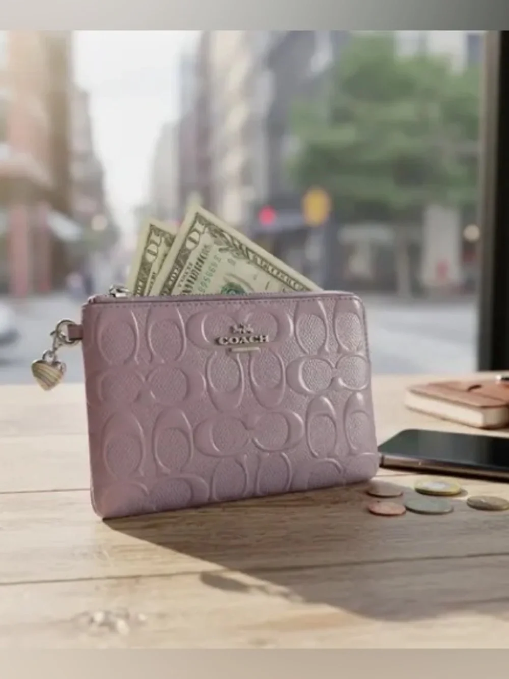 Coach corner zip Wristlet wallet with heart Charm